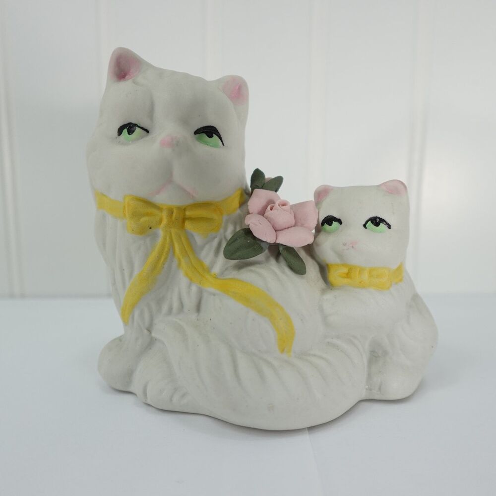 Vintage Bisque White Persian Cat with Kitten Figurine Yellow Bow Pink Flower